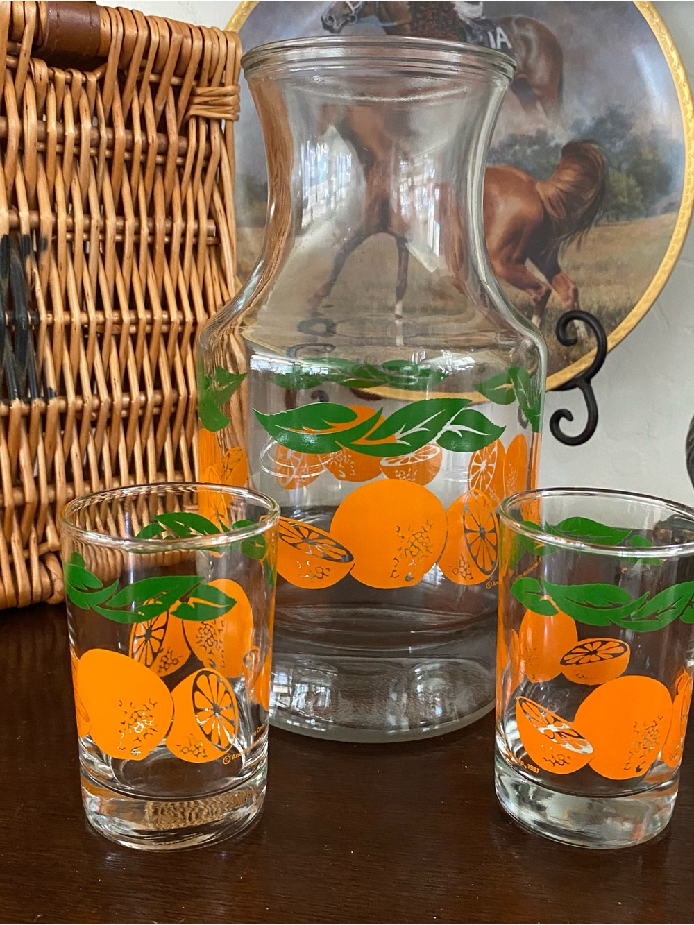 Vintage Anchor Hocking Orange Juice Carafe 8.75” Pitcher & (2) 3.5” Glasses